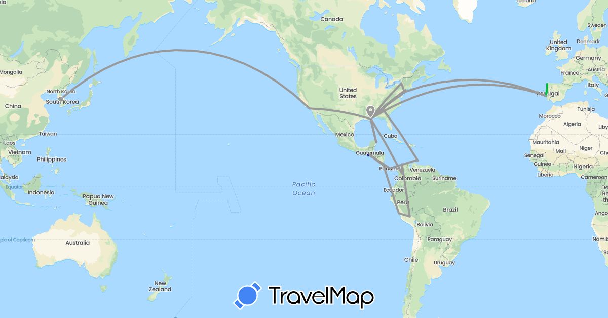 TravelMap itinerary: driving, bus, plane, hiking in Colombia, Costa Rica, Spain, Guatemala, South Korea, Mexico, Netherlands, Panama, Peru, Portugal, United States (Asia, Europe, North America, South America)